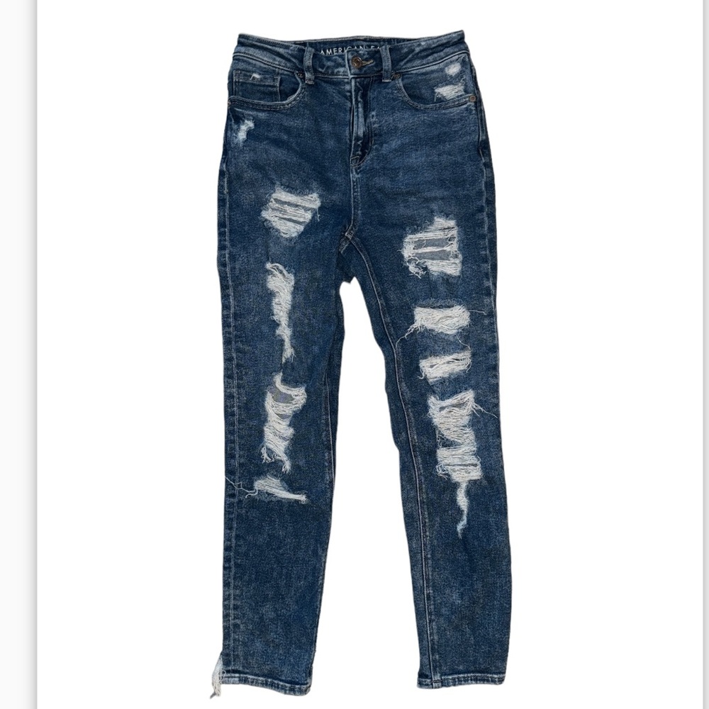 America Eagle Ripped Medium Wash Stretch Mom Jeans Size 00 Short